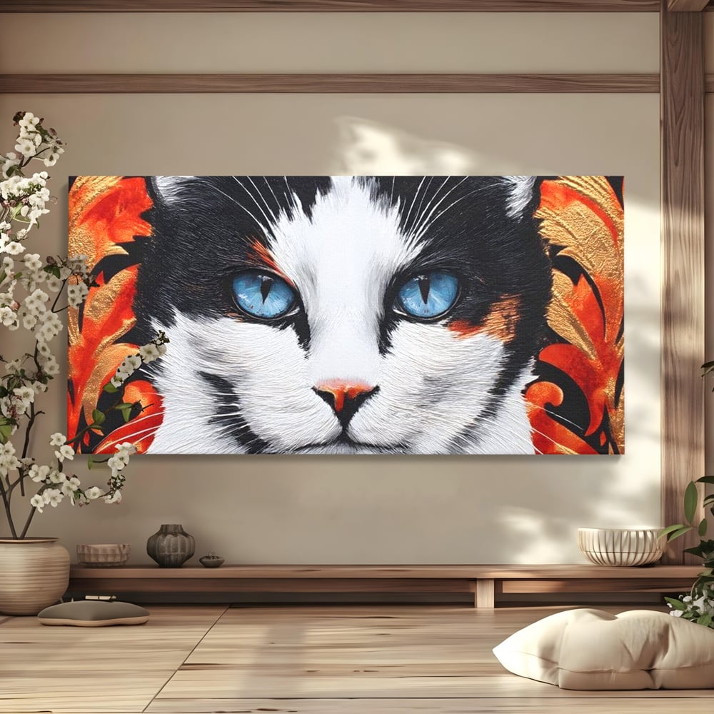 Tablou Canvas Premium, LuxCanva® M1218, Ochi de Portelan, Privire, Felina, Expresie, Ornamental, Portret, Ochi, Pisica, Decorativ, Auriu, Arabesc, Birou, Living, Camera Copil