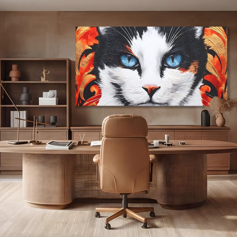 Tablou Canvas Premium, LuxCanva® M1218, Ochi de Portelan, Privire, Felina, Expresie, Ornamental, Portret, Ochi, Pisica, Decorativ, Auriu, Arabesc, Birou, Living, Camera Copil