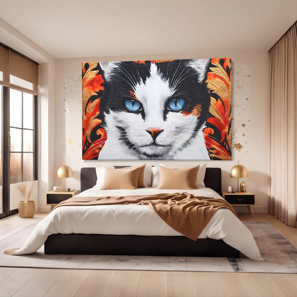 Tablou Canvas Premium, LuxCanva® M1218, Ochi de Portelan, Privire, Felina, Expresie, Ornamental, Portret, Ochi, Pisica, Decorativ, Auriu, Arabesc, Birou, Living, Camera Copil