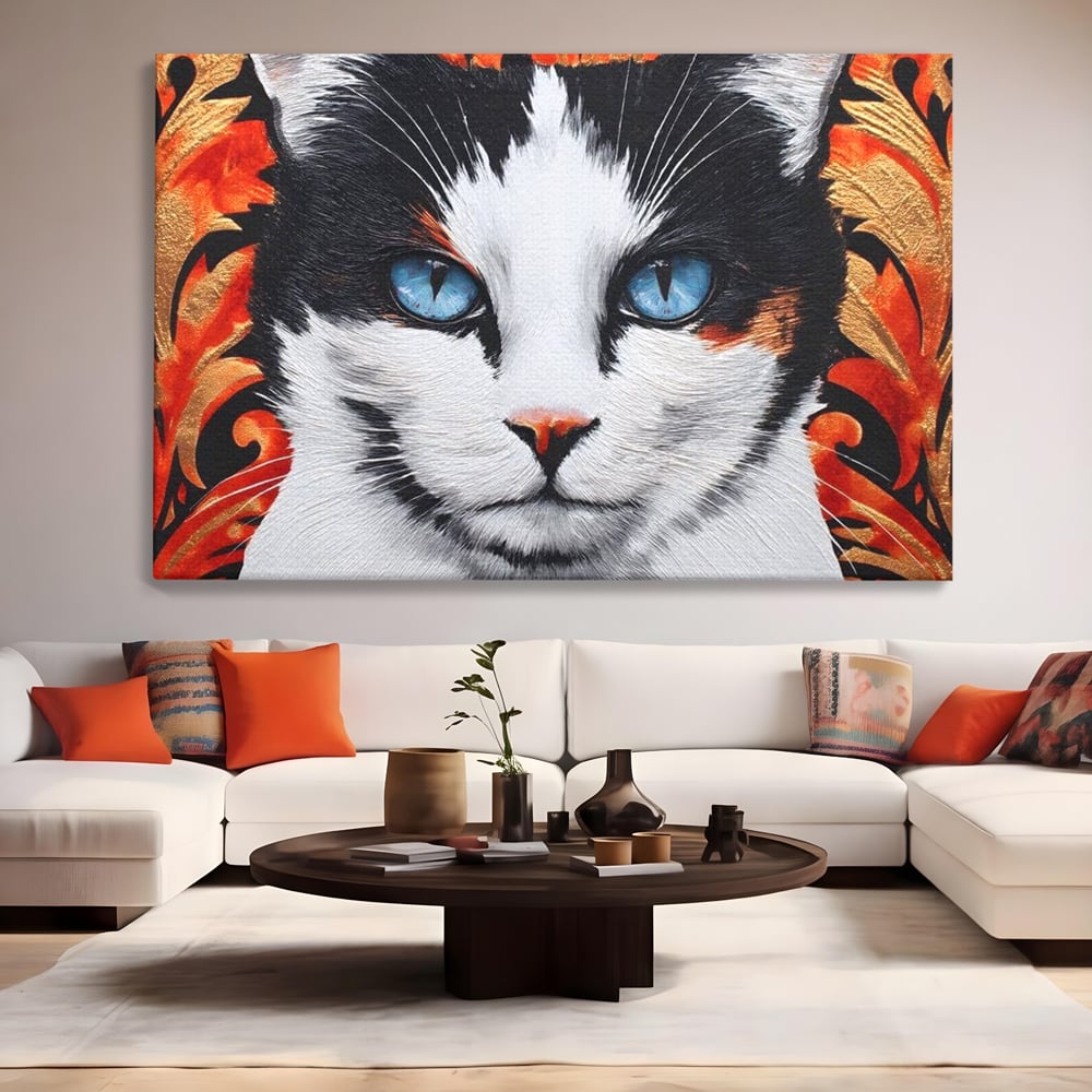 Tablou Canvas Premium, LuxCanva® M1218, Ochi de Portelan, Privire, Felina, Expresie, Ornamental, Portret, Ochi, Pisica, Decorativ, Auriu, Arabesc, Birou, Living, Camera Copil