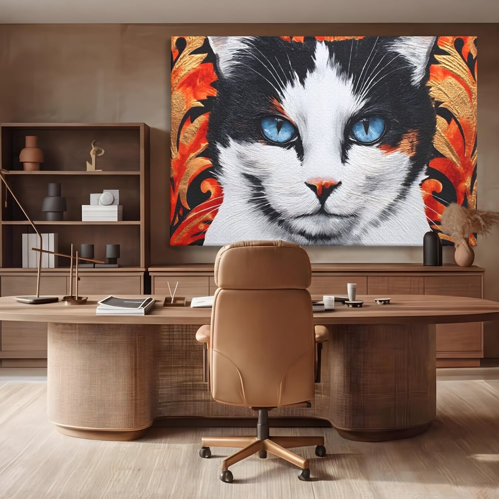 Tablou Canvas Premium, LuxCanva® M1218, Ochi de Portelan, Privire, Felina, Expresie, Ornamental, Portret, Ochi, Pisica, Decorativ, Auriu, Arabesc, Birou, Living, Camera Copil