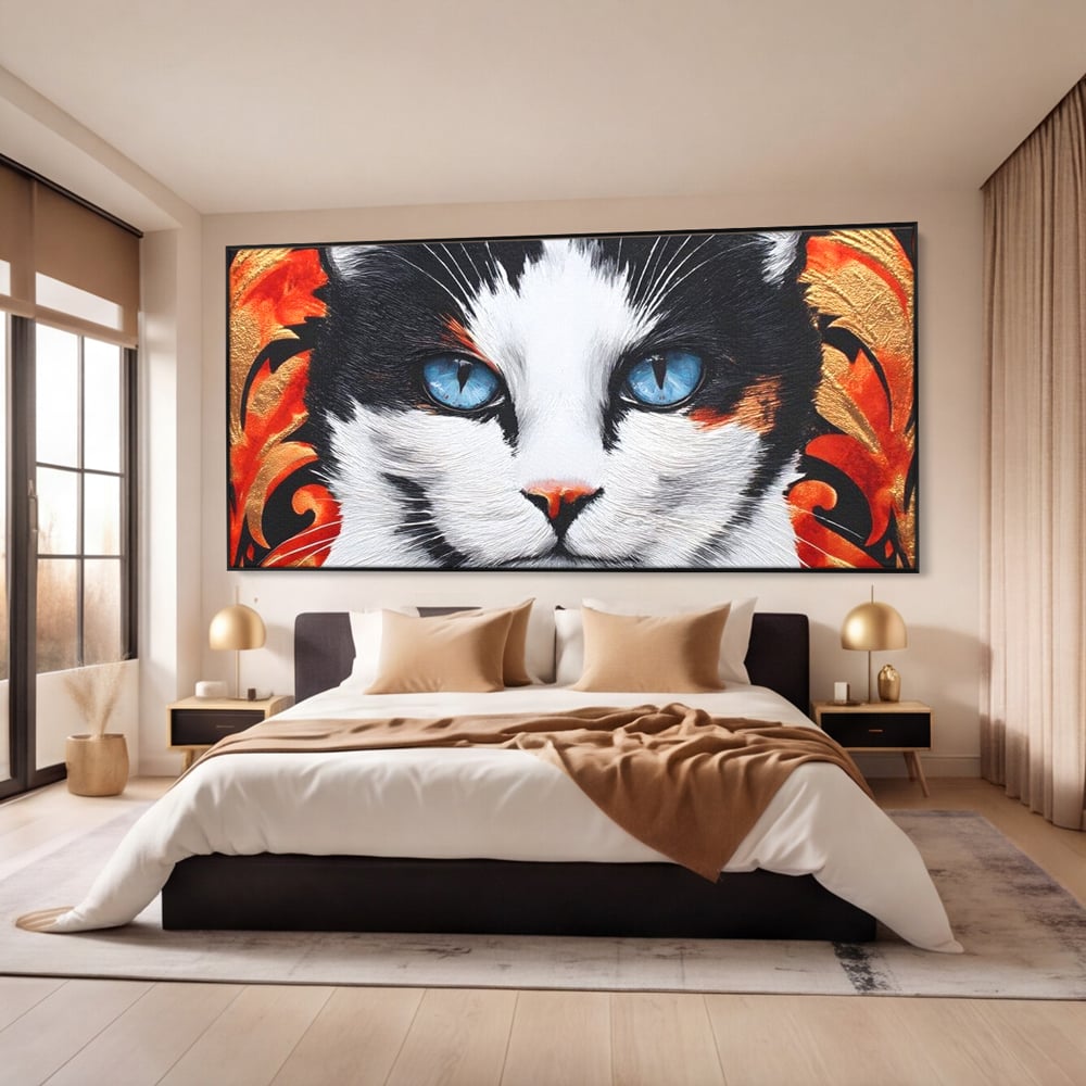 Tablou Canvas Premium, LuxCanva® M1218, Ochi de Portelan, Privire, Felina, Expresie, Ornamental, Portret, Ochi, Pisica, Decorativ, Auriu, Arabesc, Birou, Living, Camera Copil