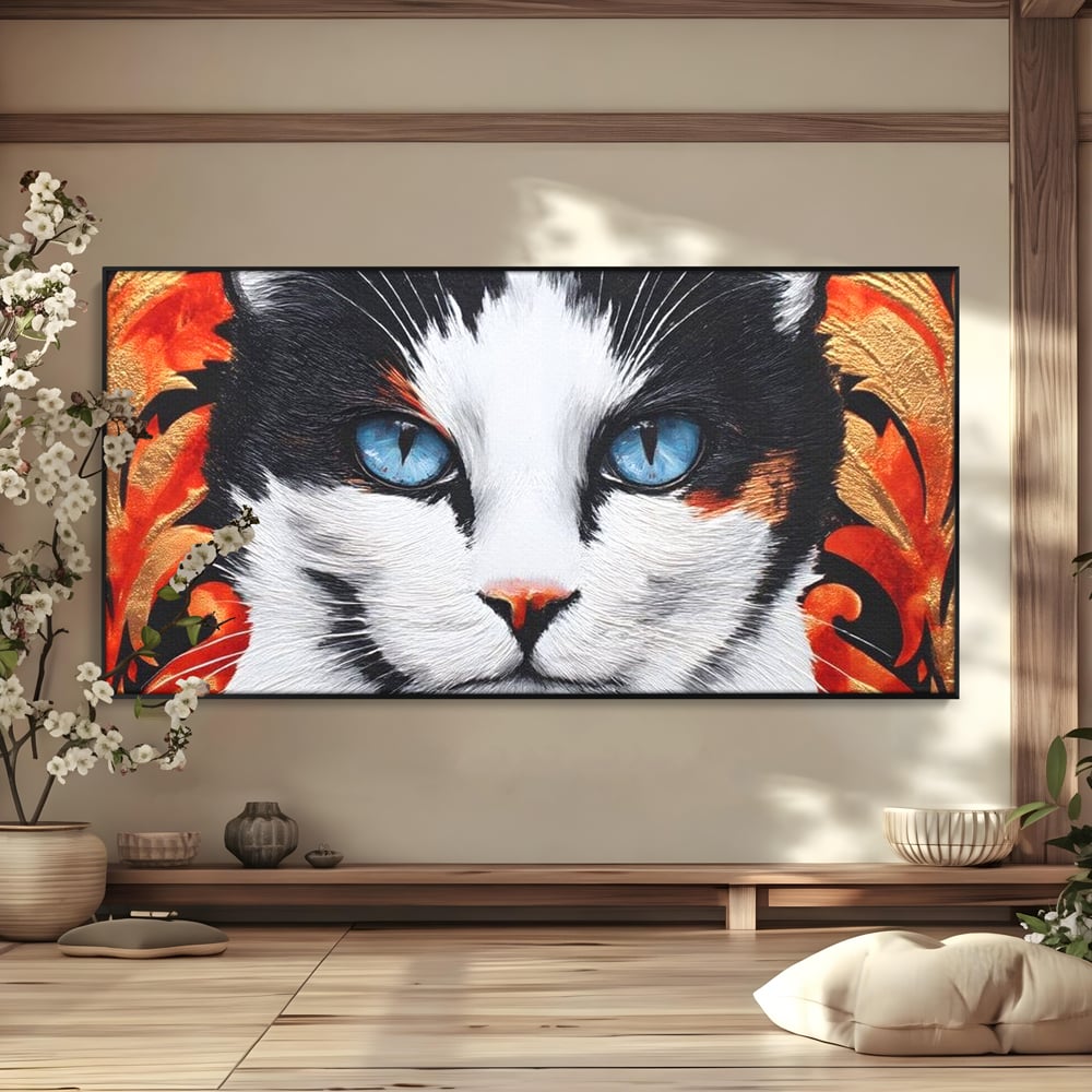 Tablou Canvas Premium, LuxCanva® M1218, Ochi de Portelan, Privire, Felina, Expresie, Ornamental, Portret, Ochi, Pisica, Decorativ, Auriu, Arabesc, Birou, Living, Camera Copil