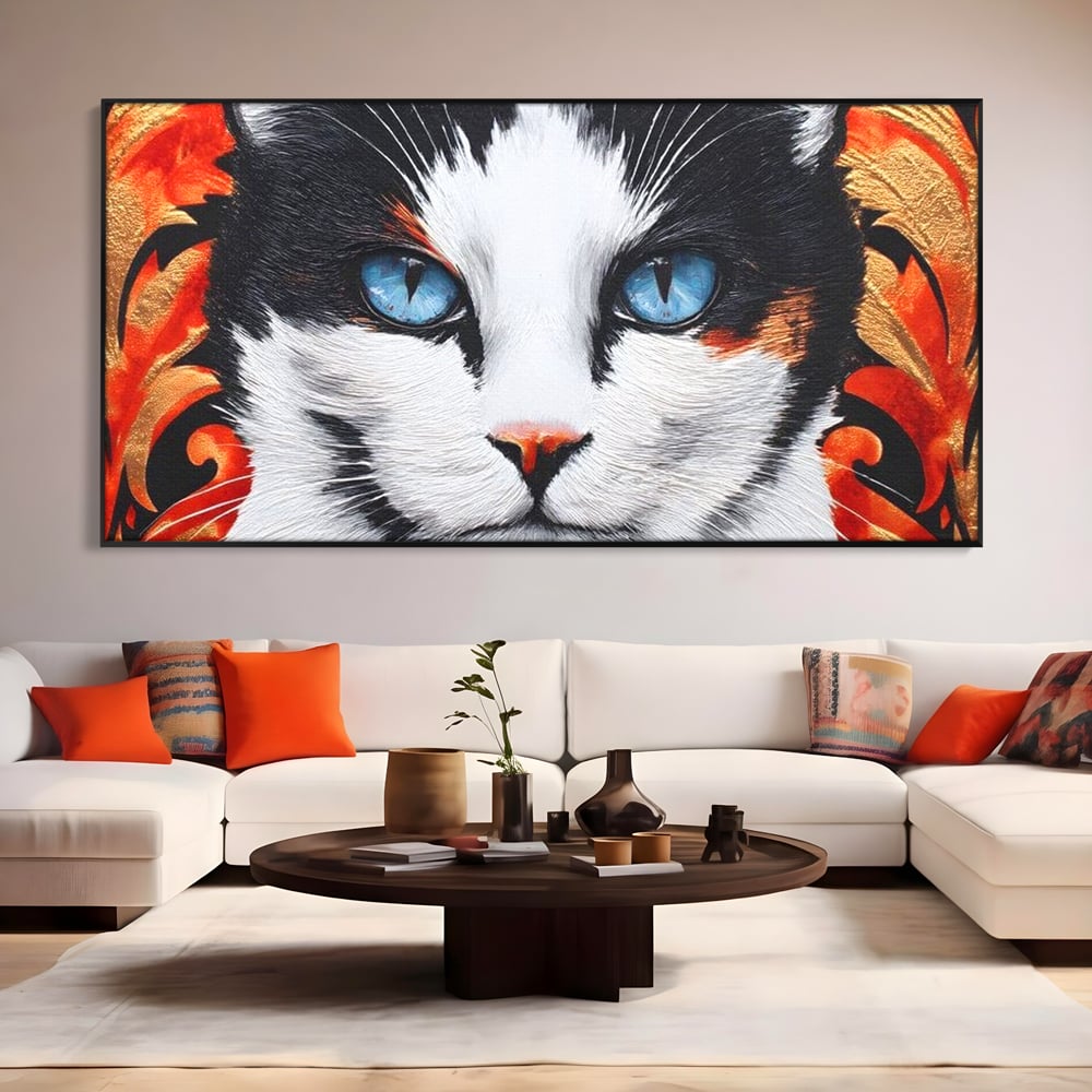 Tablou Canvas Premium, LuxCanva® M1218, Ochi de Portelan, Privire, Felina, Expresie, Ornamental, Portret, Ochi, Pisica, Decorativ, Auriu, Arabesc, Birou, Living, Camera Copil