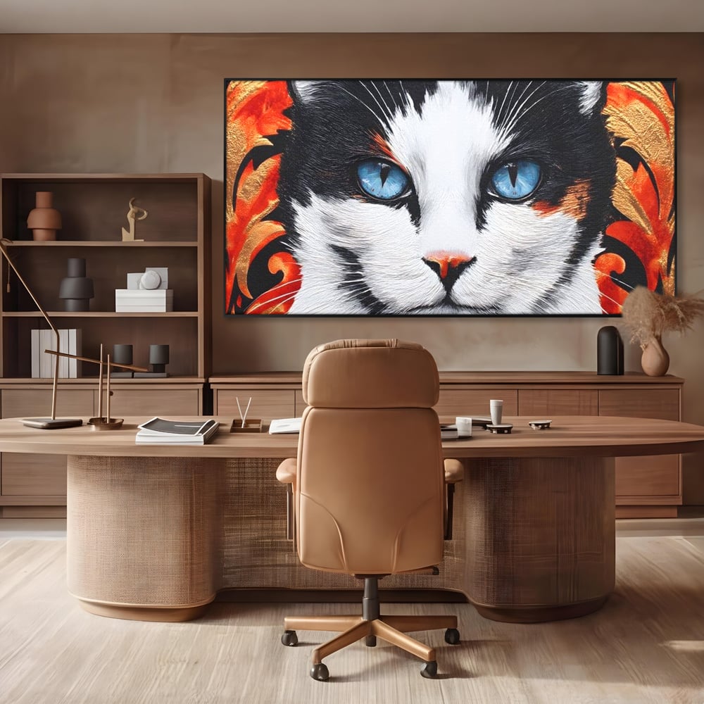 Tablou Canvas Premium, LuxCanva® M1218, Ochi de Portelan, Privire, Felina, Expresie, Ornamental, Portret, Ochi, Pisica, Decorativ, Auriu, Arabesc, Birou, Living, Camera Copil