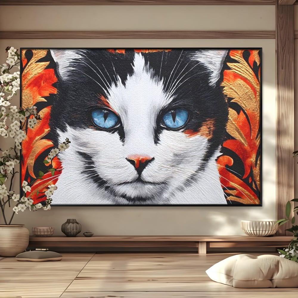 Tablou Canvas Premium, LuxCanva® M1218, Ochi de Portelan, Privire, Felina, Expresie, Ornamental, Portret, Ochi, Pisica, Decorativ, Auriu, Arabesc, Birou, Living, Camera Copil