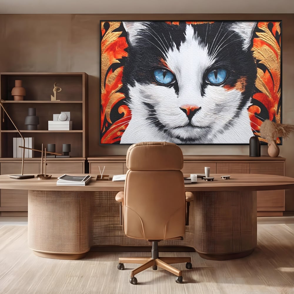 Tablou Canvas Premium, LuxCanva® M1218, Ochi de Portelan, Privire, Felina, Expresie, Ornamental, Portret, Ochi, Pisica, Decorativ, Auriu, Arabesc, Birou, Living, Camera Copil