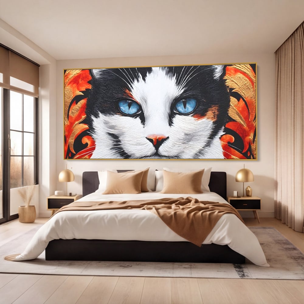 Tablou Canvas Premium, LuxCanva® M1218, Ochi de Portelan, Privire, Felina, Expresie, Ornamental, Portret, Ochi, Pisica, Decorativ, Auriu, Arabesc, Birou, Living, Camera Copil