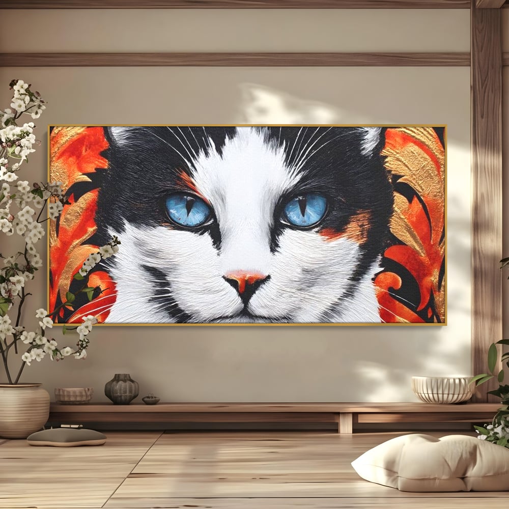 Tablou Canvas Premium, LuxCanva® M1218, Ochi de Portelan, Privire, Felina, Expresie, Ornamental, Portret, Ochi, Pisica, Decorativ, Auriu, Arabesc, Birou, Living, Camera Copil