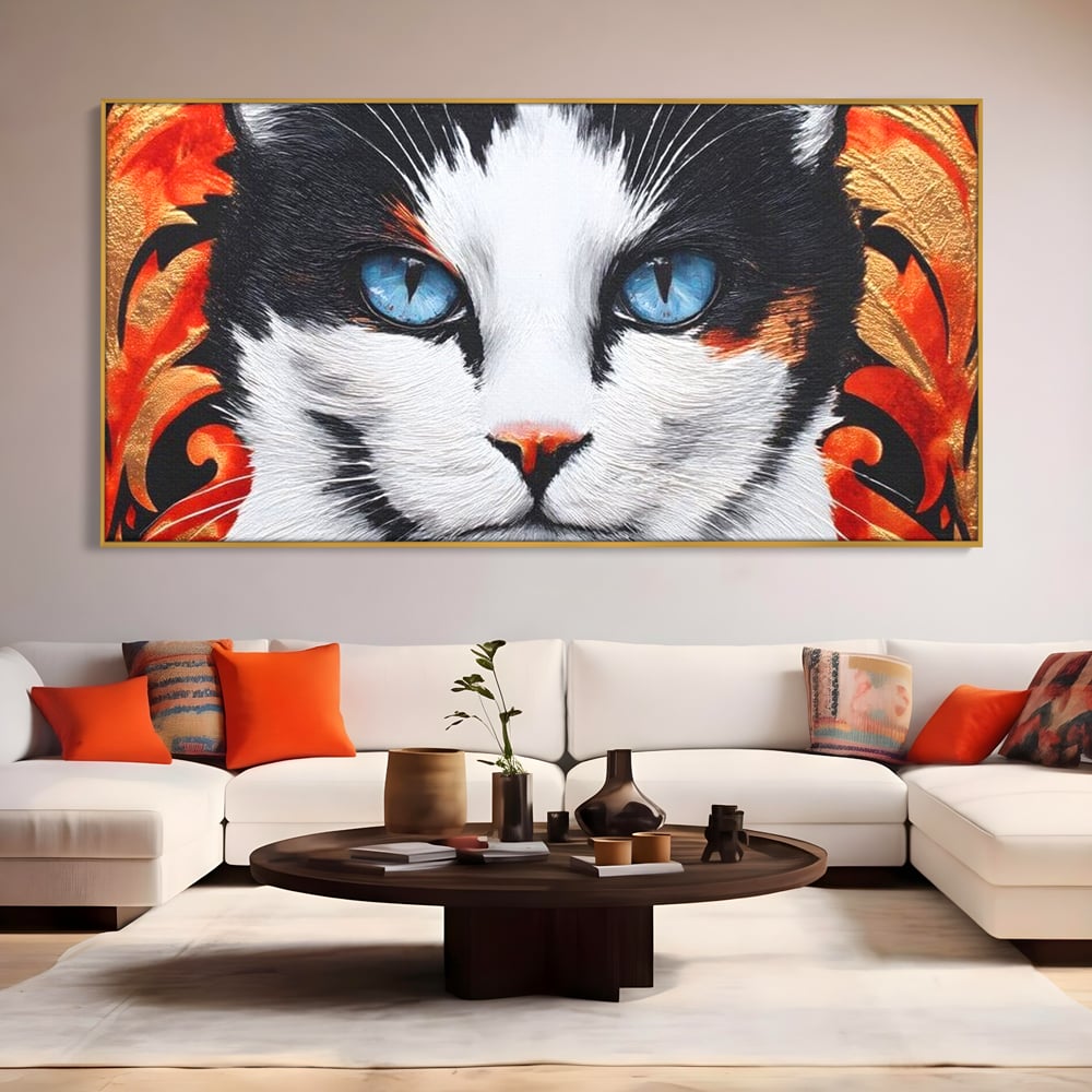 Tablou Canvas Premium, LuxCanva® M1218, Ochi de Portelan, Privire, Felina, Expresie, Ornamental, Portret, Ochi, Pisica, Decorativ, Auriu, Arabesc, Birou, Living, Camera Copil