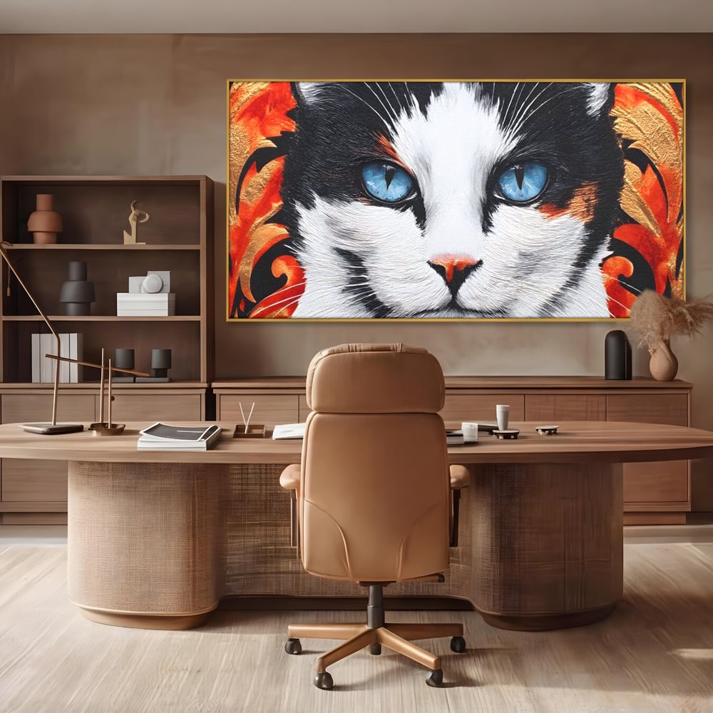 Tablou Canvas Premium, LuxCanva® M1218, Ochi de Portelan, Privire, Felina, Expresie, Ornamental, Portret, Ochi, Pisica, Decorativ, Auriu, Arabesc, Birou, Living, Camera Copil