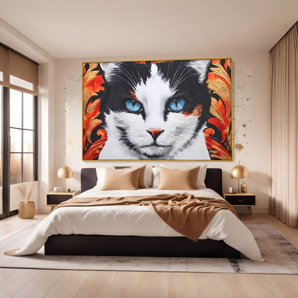 Tablou Canvas Premium, LuxCanva® M1218, Ochi de Portelan, Privire, Felina, Expresie, Ornamental, Portret, Ochi, Pisica, Decorativ, Auriu, Arabesc, Birou, Living, Camera Copil