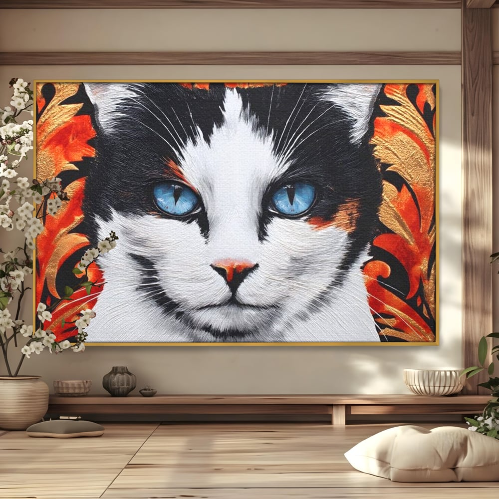 Tablou Canvas Premium, LuxCanva® M1218, Ochi de Portelan, Privire, Felina, Expresie, Ornamental, Portret, Ochi, Pisica, Decorativ, Auriu, Arabesc, Birou, Living, Camera Copil