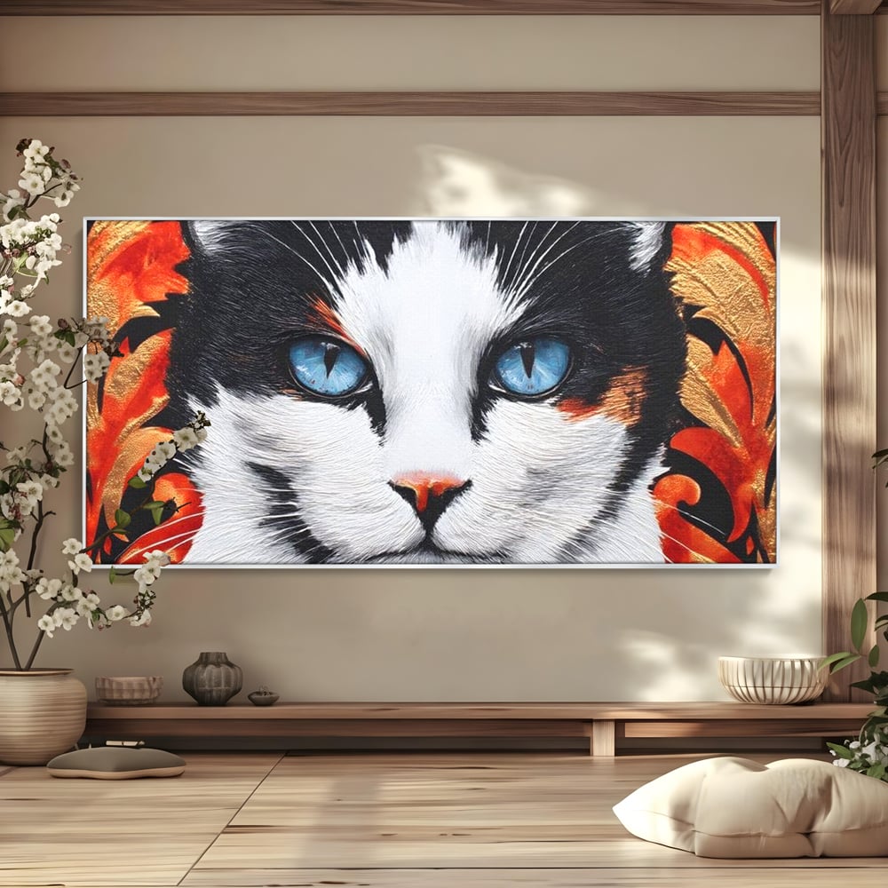 Tablou Canvas Premium, LuxCanva® M1218, Ochi de Portelan, Privire, Felina, Expresie, Ornamental, Portret, Ochi, Pisica, Decorativ, Auriu, Arabesc, Birou, Living, Camera Copil