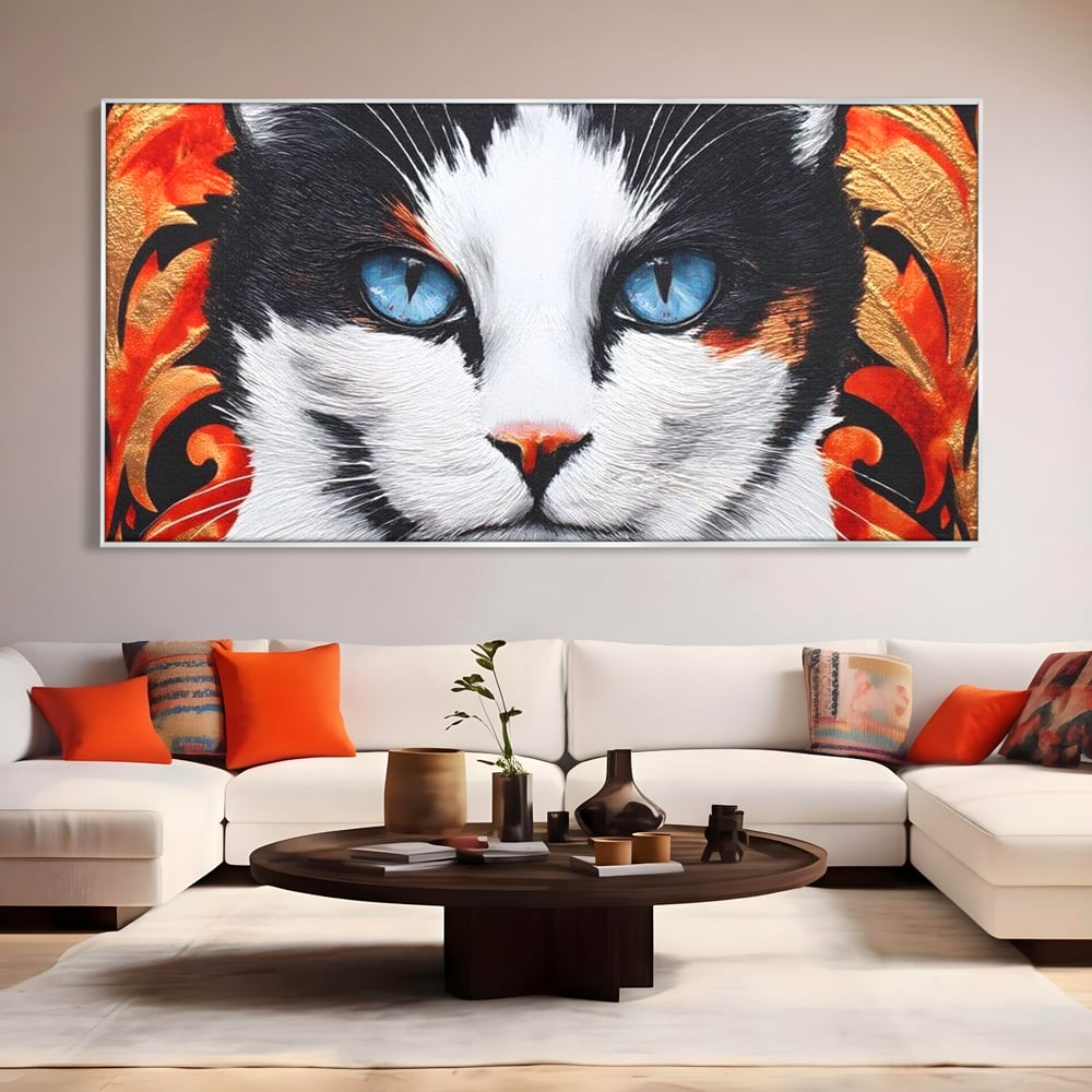 Tablou Canvas Premium, LuxCanva® M1218, Ochi de Portelan, Privire, Felina, Expresie, Ornamental, Portret, Ochi, Pisica, Decorativ, Auriu, Arabesc, Birou, Living, Camera Copil