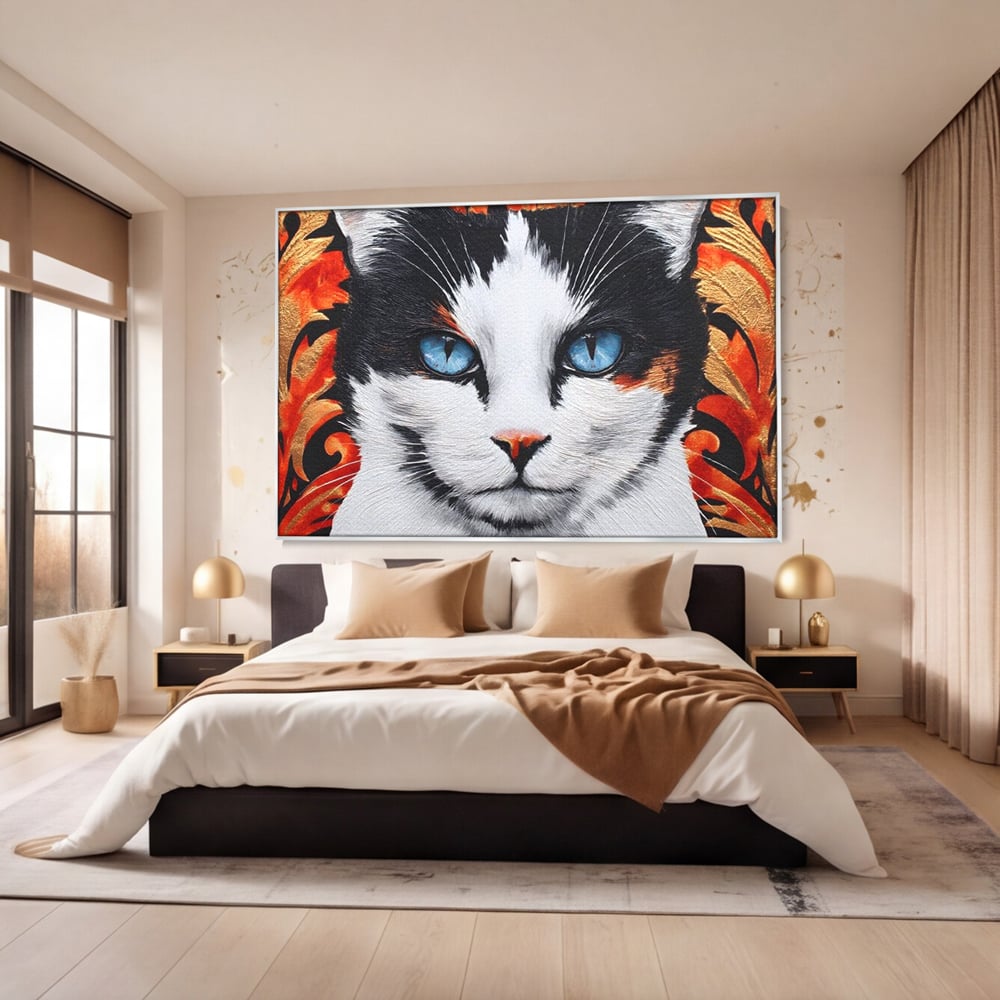 Tablou Canvas Premium, LuxCanva® M1218, Ochi de Portelan, Privire, Felina, Expresie, Ornamental, Portret, Ochi, Pisica, Decorativ, Auriu, Arabesc, Birou, Living, Camera Copil