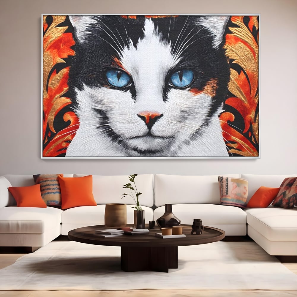 Tablou Canvas Premium, LuxCanva® M1218, Ochi de Portelan, Privire, Felina, Expresie, Ornamental, Portret, Ochi, Pisica, Decorativ, Auriu, Arabesc, Birou, Living, Camera Copil
