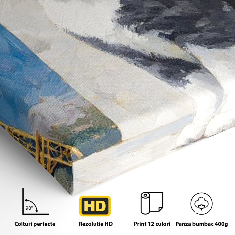 Tablou Canvas Premium, LuxCanva® M1219, Ecou Parizian, Panorama, Pictura, Pisica, Turnul Eiffel, Paris, Calatorie, Cadru, Urban, Rafinament, Decorativ, Birou, Living, Camera Copil