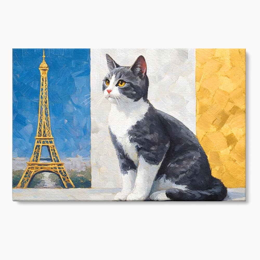 Tablou Canvas Premium, LuxCanva® M1219, Ecou Parizian, Panorama, Pictura, Pisica, Turnul Eiffel, Paris, Calatorie, Cadru, Urban, Rafinament, Decorativ, Birou, Living, Camera Copil