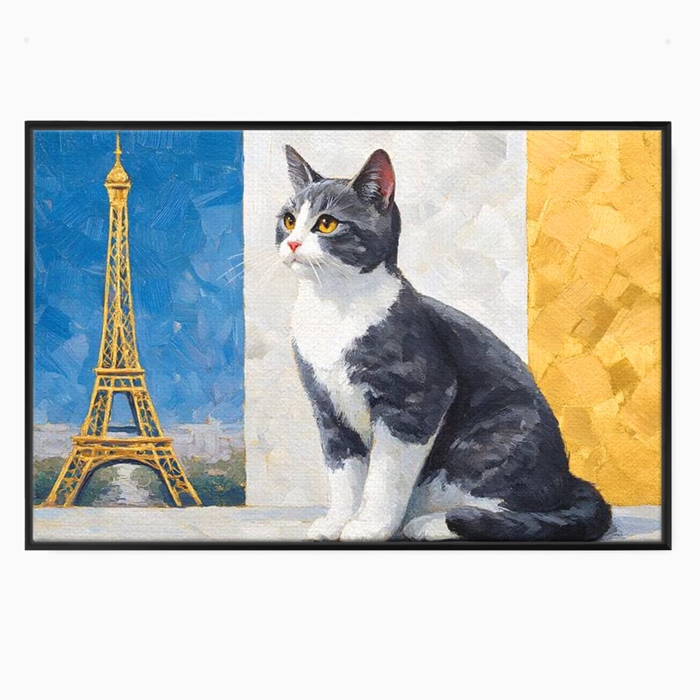 Tablou Canvas Premium, LuxCanva® M1219, Ecou Parizian, Panorama, Pictura, Pisica, Turnul Eiffel, Paris, Calatorie, Cadru, Urban, Rafinament, Decorativ, Birou, Living, Camera Copil