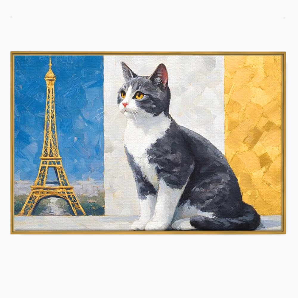 Tablou Canvas Premium, LuxCanva® M1219, Ecou Parizian, Panorama, Pictura, Pisica, Turnul Eiffel, Paris, Calatorie, Cadru, Urban, Rafinament, Decorativ, Birou, Living, Camera Copil