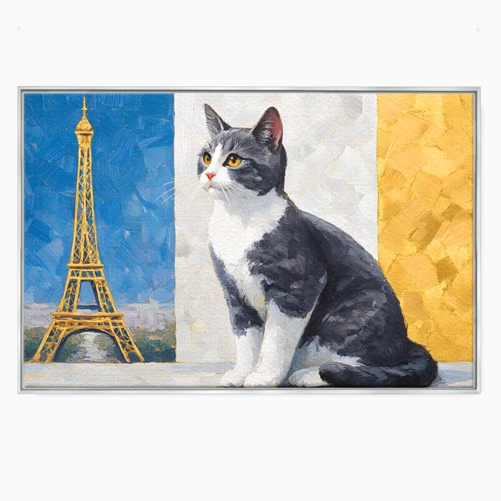 Tablou Canvas Premium, LuxCanva® M1219, Ecou Parizian, Panorama, Pictura, Pisica, Turnul Eiffel, Paris, Calatorie, Cadru, Urban, Rafinament, Decorativ, Birou, Living, Camera Copil