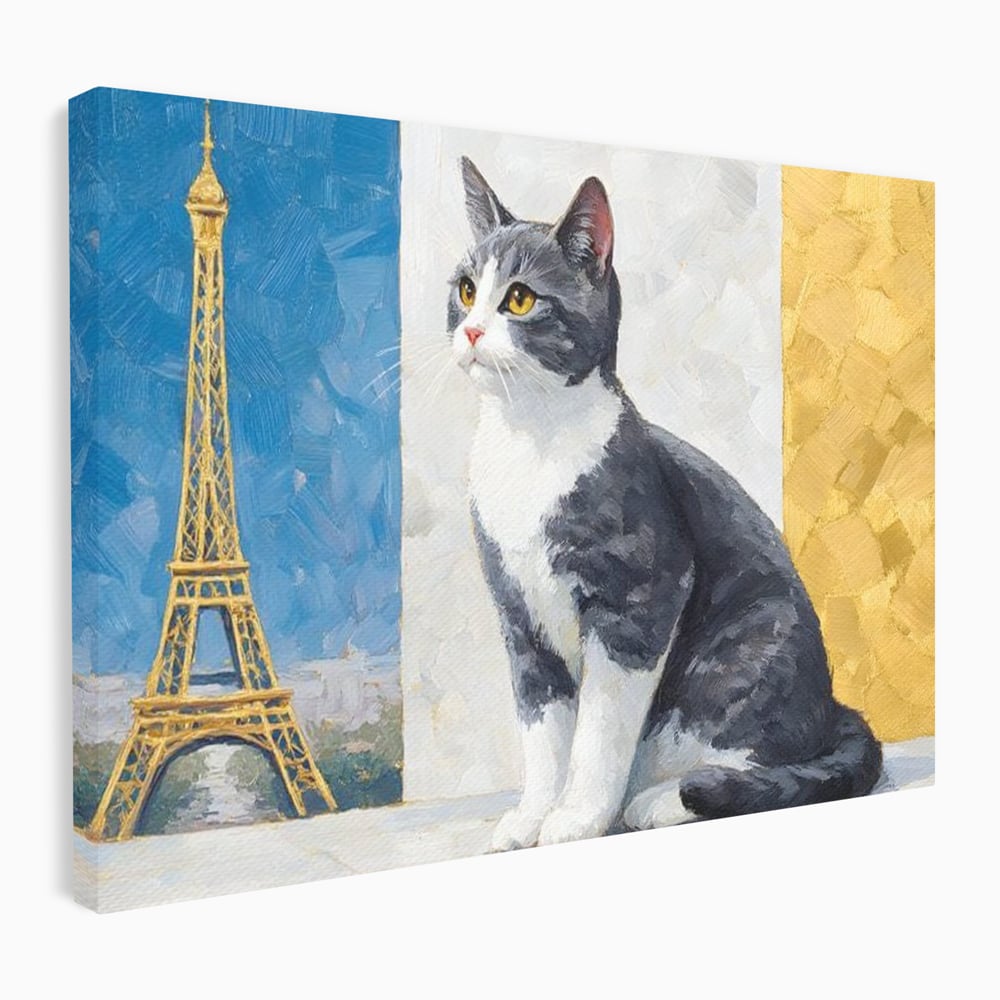 Tablou Canvas Premium, LuxCanva® M1219, Ecou Parizian, Panorama, Pictura, Pisica, Turnul Eiffel, Paris, Calatorie, Cadru, Urban, Rafinament, Decorativ, Birou, Living, Camera Copil