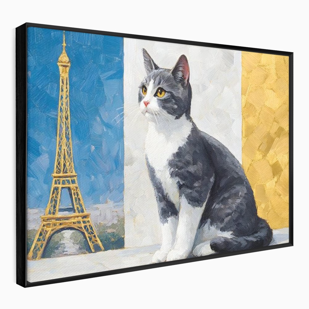 Tablou Canvas Premium, LuxCanva® M1219, Ecou Parizian, Panorama, Pictura, Pisica, Turnul Eiffel, Paris, Calatorie, Cadru, Urban, Rafinament, Decorativ, Birou, Living, Camera Copil