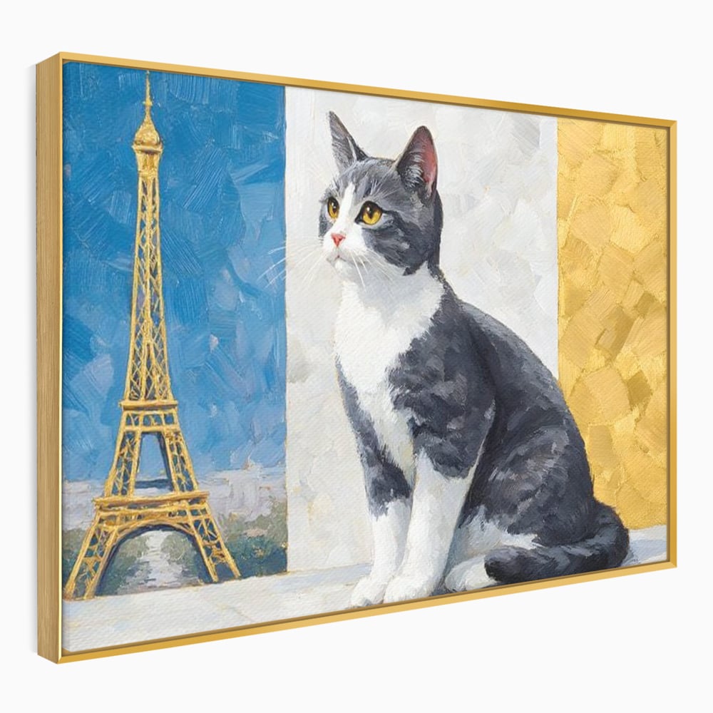 Tablou Canvas Premium, LuxCanva® M1219, Ecou Parizian, Panorama, Pictura, Pisica, Turnul Eiffel, Paris, Calatorie, Cadru, Urban, Rafinament, Decorativ, Birou, Living, Camera Copil