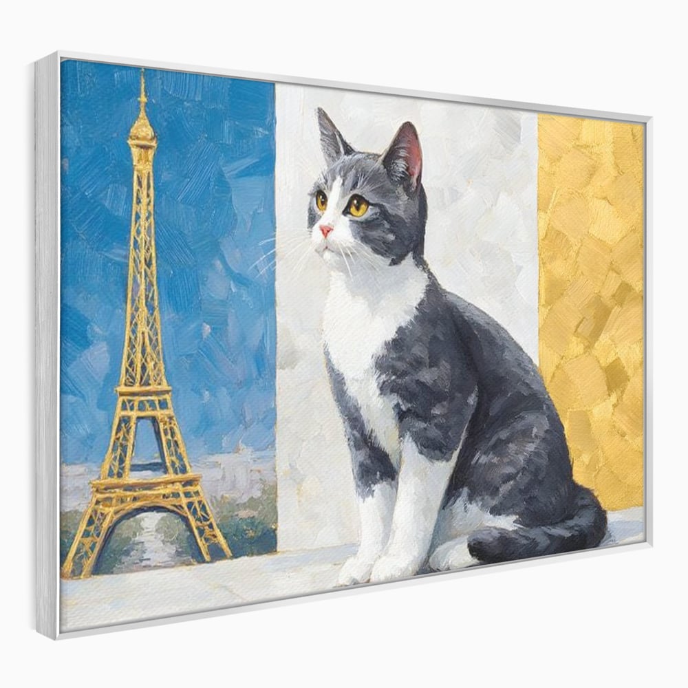 Tablou Canvas Premium, LuxCanva® M1219, Ecou Parizian, Panorama, Pictura, Pisica, Turnul Eiffel, Paris, Calatorie, Cadru, Urban, Rafinament, Decorativ, Birou, Living, Camera Copil