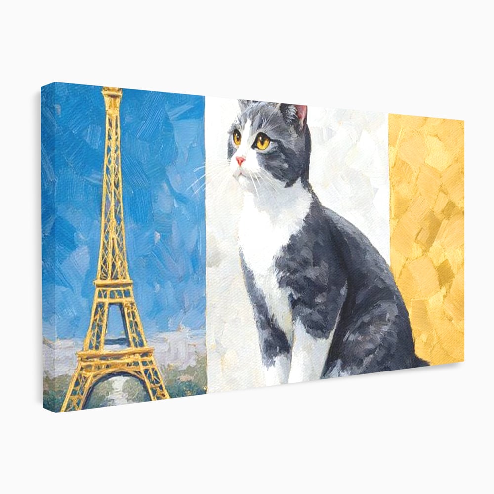Tablou Canvas Premium, LuxCanva® M1219, Ecou Parizian, Panorama, Pictura, Pisica, Turnul Eiffel, Paris, Calatorie, Cadru, Urban, Rafinament, Decorativ, Birou, Living, Camera Copil