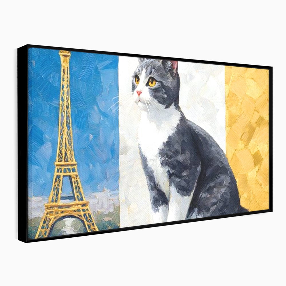 Tablou Canvas Premium, LuxCanva® M1219, Ecou Parizian, Panorama, Pictura, Pisica, Turnul Eiffel, Paris, Calatorie, Cadru, Urban, Rafinament, Decorativ, Birou, Living, Camera Copil