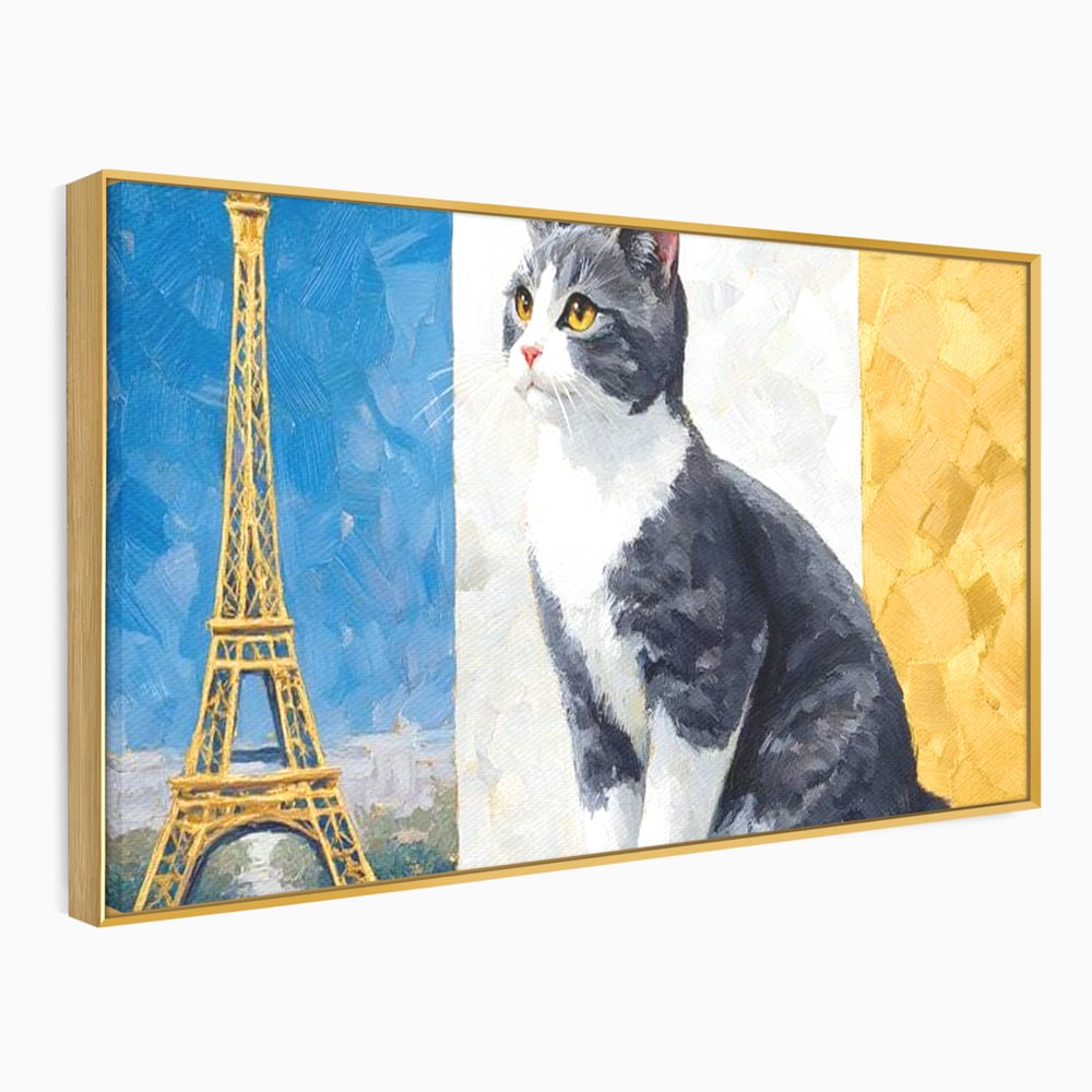 Tablou Canvas Premium, LuxCanva® M1219, Ecou Parizian, Panorama, Pictura, Pisica, Turnul Eiffel, Paris, Calatorie, Cadru, Urban, Rafinament, Decorativ, Birou, Living, Camera Copil