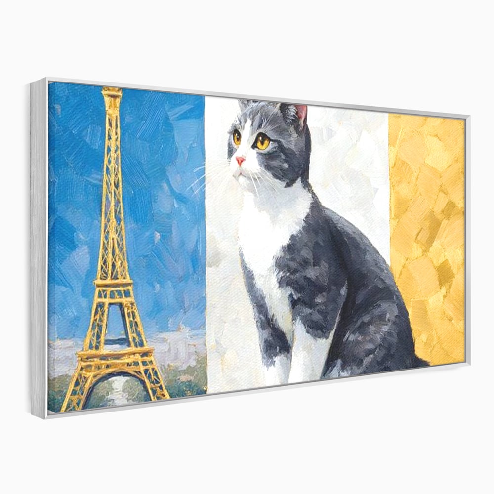 Tablou Canvas Premium, LuxCanva® M1219, Ecou Parizian, Panorama, Pictura, Pisica, Turnul Eiffel, Paris, Calatorie, Cadru, Urban, Rafinament, Decorativ, Birou, Living, Camera Copil