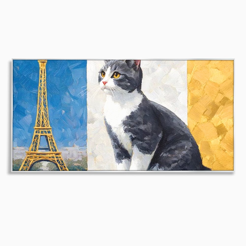 Tablou Canvas Premium, LuxCanva® M1219, Ecou Parizian, Panorama, Pictura, Pisica, Turnul Eiffel, Paris, Calatorie, Cadru, Urban, Rafinament, Decorativ, Birou, Living, Camera Copil