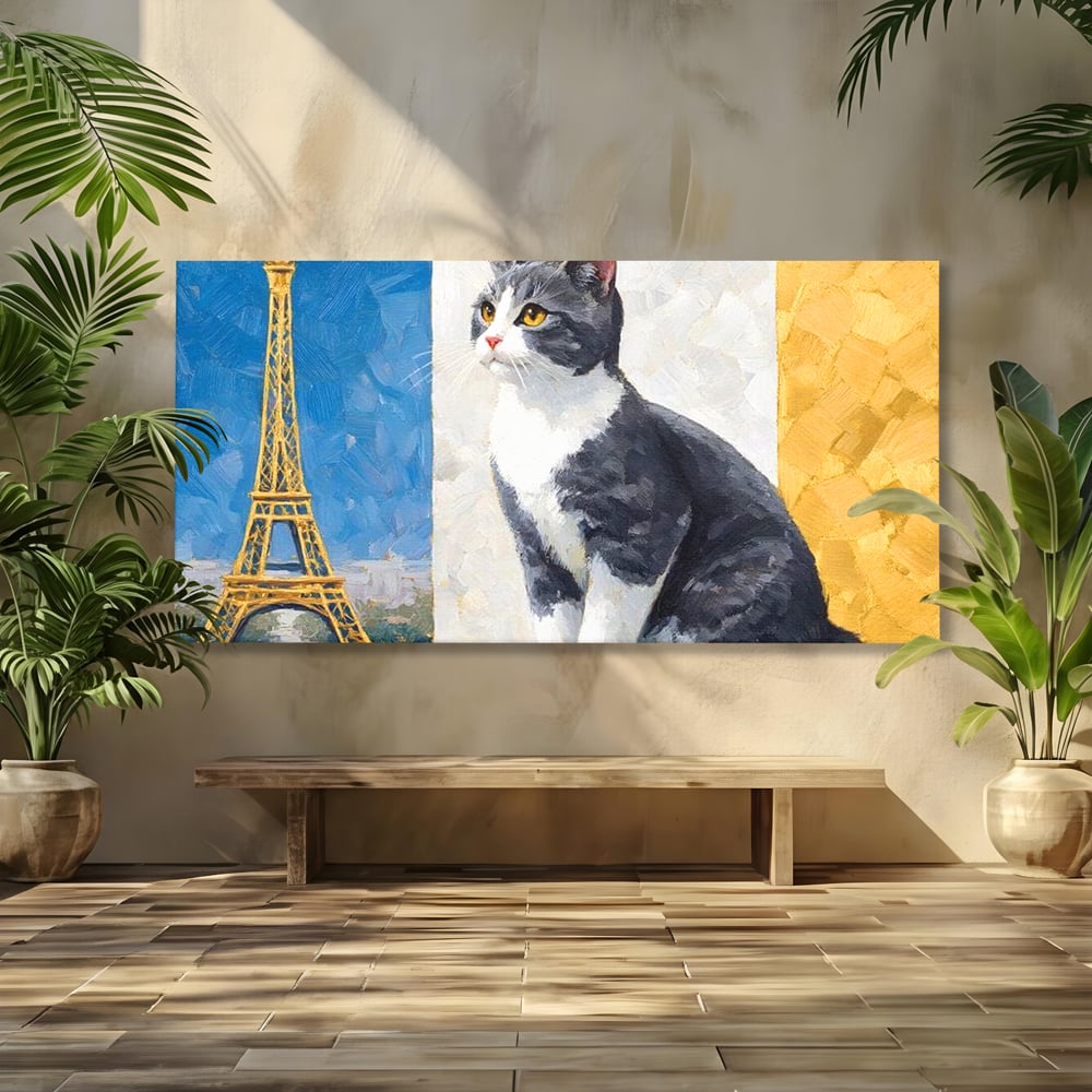 Tablou Canvas Premium, LuxCanva® M1219, Ecou Parizian, Panorama, Pictura, Pisica, Turnul Eiffel, Paris, Calatorie, Cadru, Urban, Rafinament, Decorativ, Birou, Living, Camera Copil