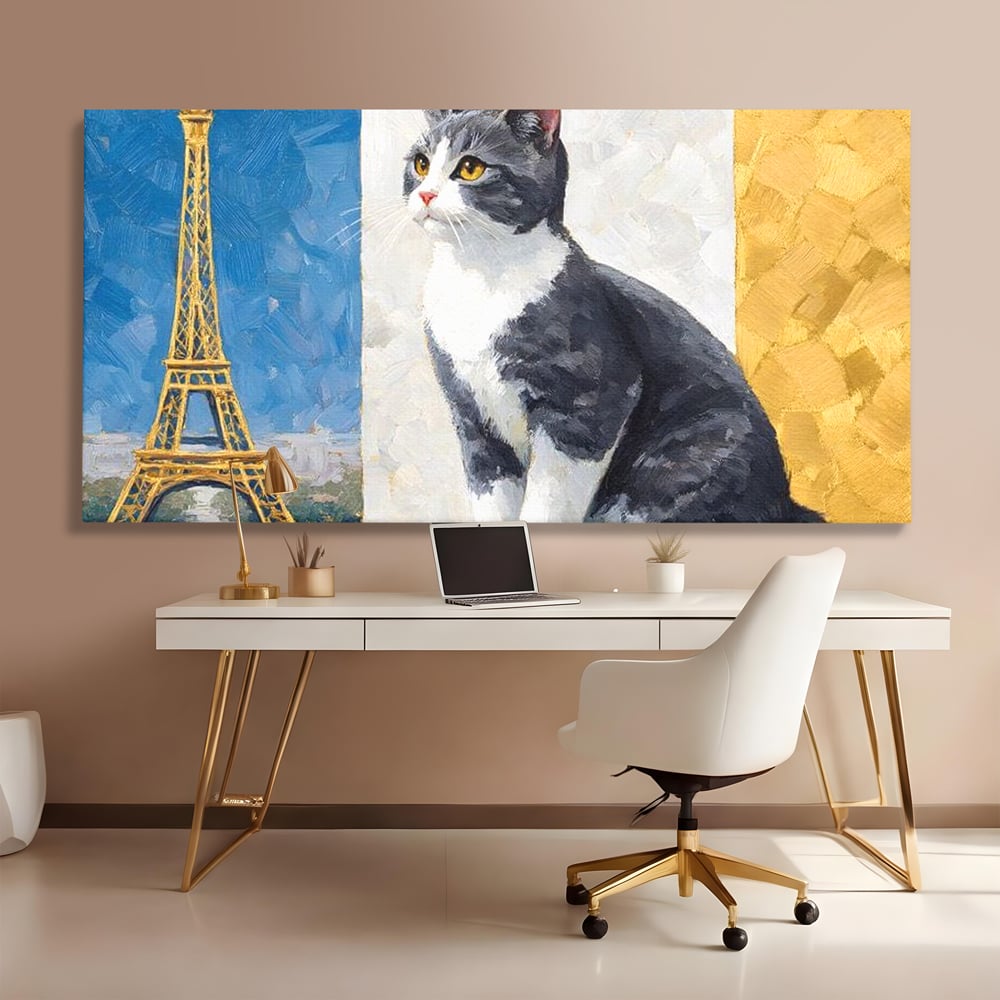 Tablou Canvas Premium, LuxCanva® M1219, Ecou Parizian, Panorama, Pictura, Pisica, Turnul Eiffel, Paris, Calatorie, Cadru, Urban, Rafinament, Decorativ, Birou, Living, Camera Copil