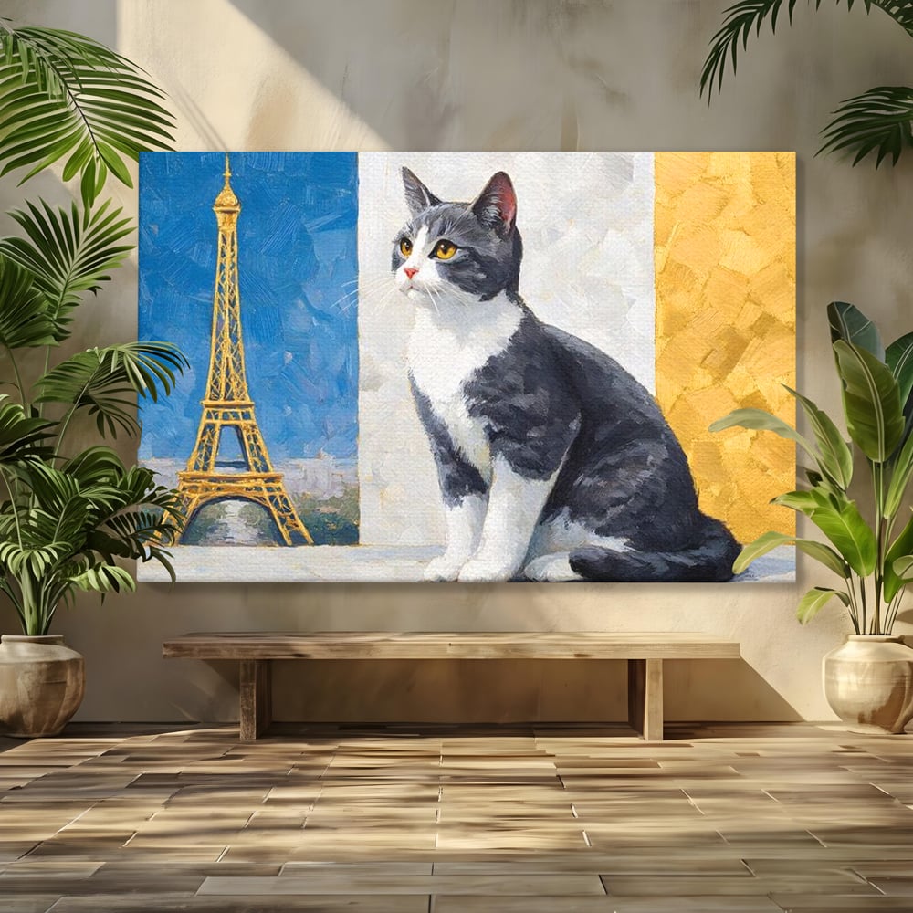Tablou Canvas Premium, LuxCanva® M1219, Ecou Parizian, Panorama, Pictura, Pisica, Turnul Eiffel, Paris, Calatorie, Cadru, Urban, Rafinament, Decorativ, Birou, Living, Camera Copil