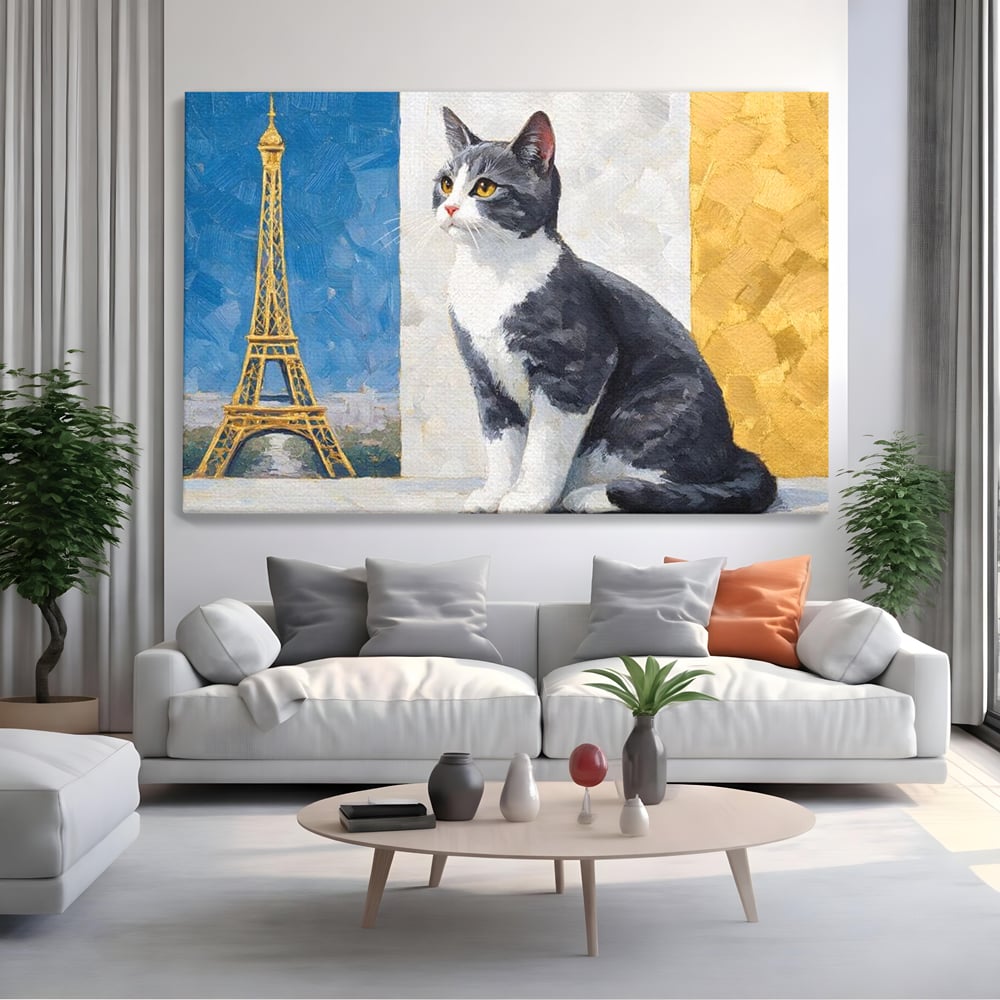 Tablou Canvas Premium, LuxCanva® M1219, Ecou Parizian, Panorama, Pictura, Pisica, Turnul Eiffel, Paris, Calatorie, Cadru, Urban, Rafinament, Decorativ, Birou, Living, Camera Copil