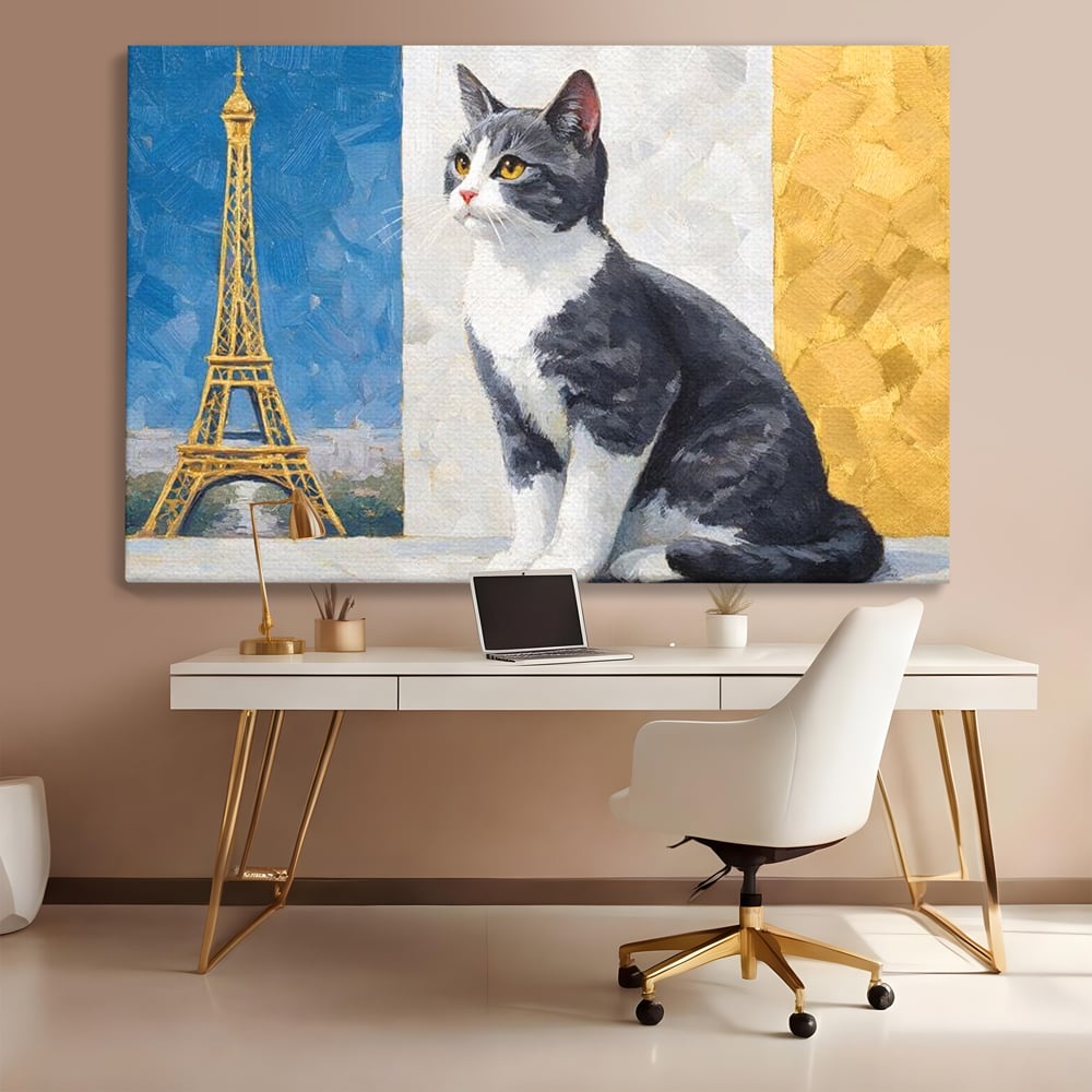 Tablou Canvas Premium, LuxCanva® M1219, Ecou Parizian, Panorama, Pictura, Pisica, Turnul Eiffel, Paris, Calatorie, Cadru, Urban, Rafinament, Decorativ, Birou, Living, Camera Copil