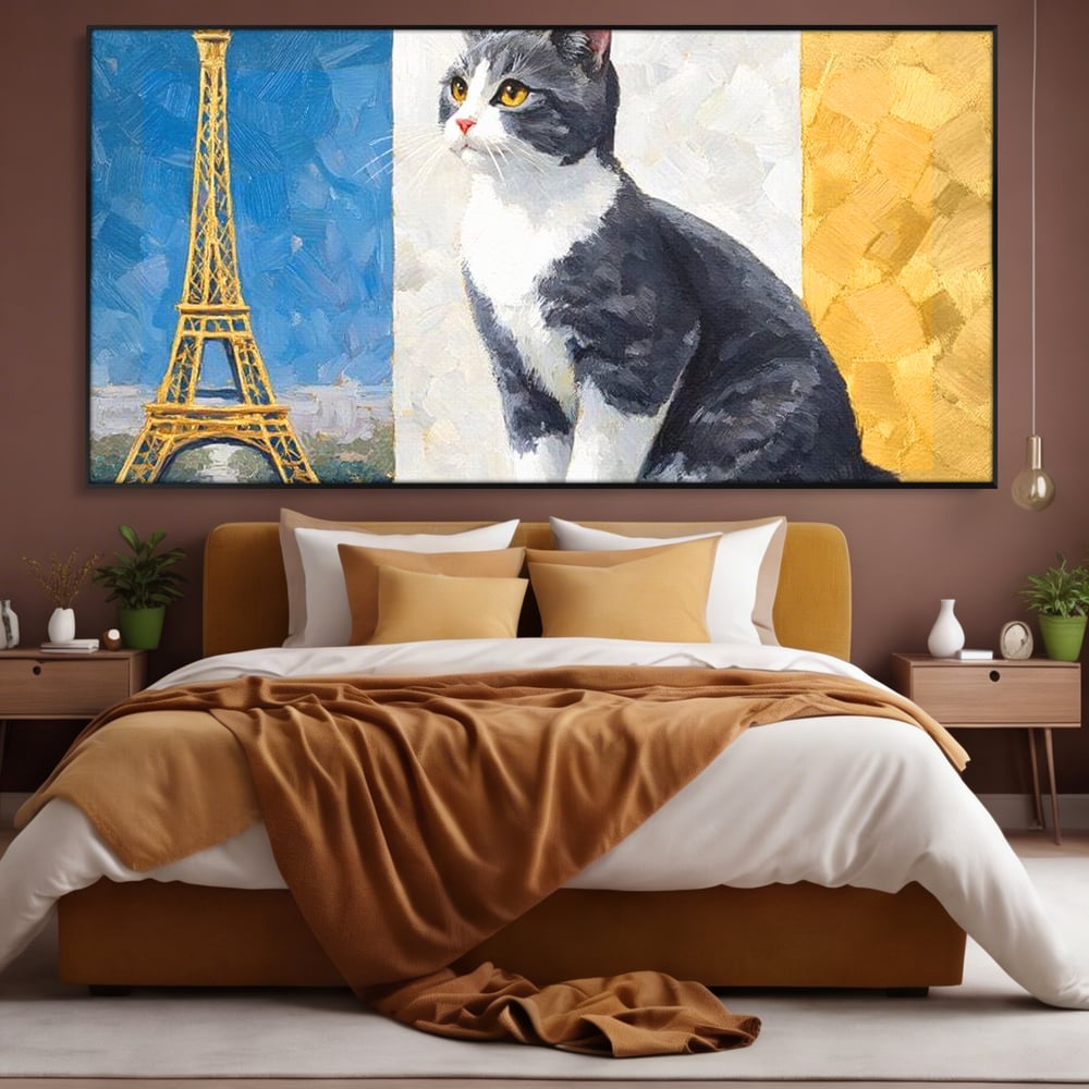 Tablou Canvas Premium, LuxCanva® M1219, Ecou Parizian, Panorama, Pictura, Pisica, Turnul Eiffel, Paris, Calatorie, Cadru, Urban, Rafinament, Decorativ, Birou, Living, Camera Copil