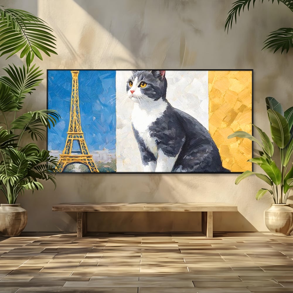 Tablou Canvas Premium, LuxCanva® M1219, Ecou Parizian, Panorama, Pictura, Pisica, Turnul Eiffel, Paris, Calatorie, Cadru, Urban, Rafinament, Decorativ, Birou, Living, Camera Copil