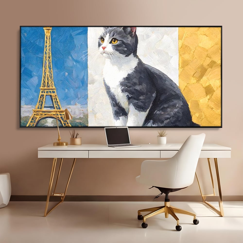 Tablou Canvas Premium, LuxCanva® M1219, Ecou Parizian, Panorama, Pictura, Pisica, Turnul Eiffel, Paris, Calatorie, Cadru, Urban, Rafinament, Decorativ, Birou, Living, Camera Copil