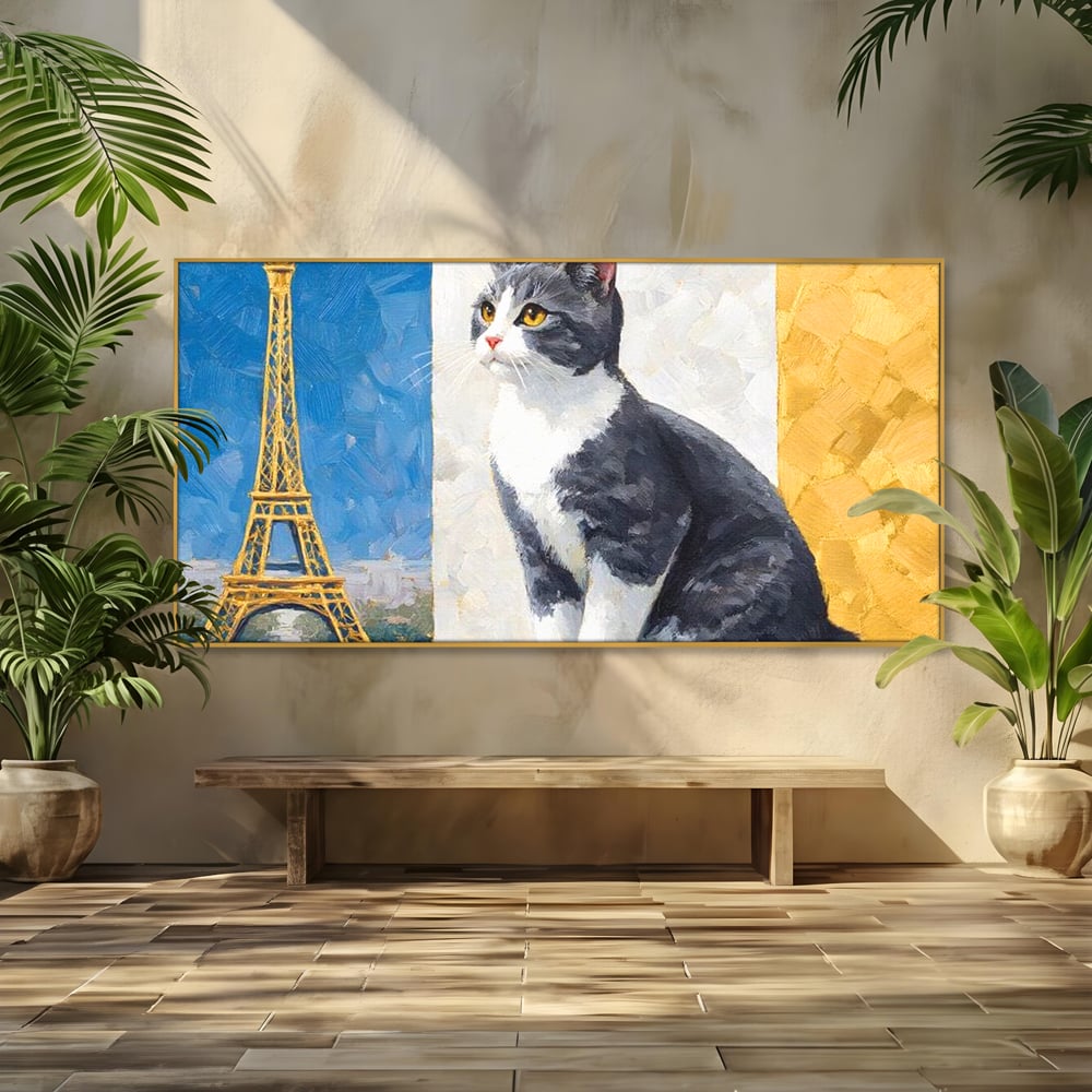 Tablou Canvas Premium, LuxCanva® M1219, Ecou Parizian, Panorama, Pictura, Pisica, Turnul Eiffel, Paris, Calatorie, Cadru, Urban, Rafinament, Decorativ, Birou, Living, Camera Copil