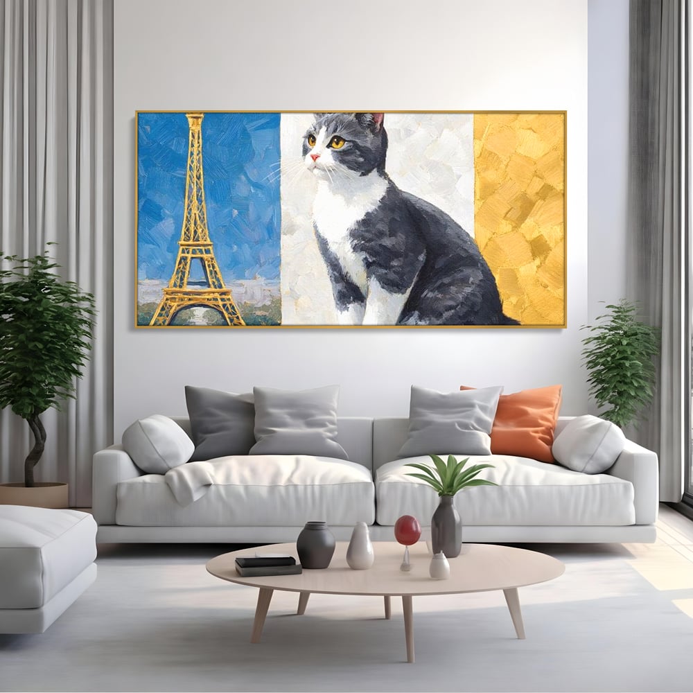 Tablou Canvas Premium, LuxCanva® M1219, Ecou Parizian, Panorama, Pictura, Pisica, Turnul Eiffel, Paris, Calatorie, Cadru, Urban, Rafinament, Decorativ, Birou, Living, Camera Copil