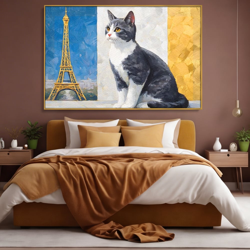 Tablou Canvas Premium, LuxCanva® M1219, Ecou Parizian, Panorama, Pictura, Pisica, Turnul Eiffel, Paris, Calatorie, Cadru, Urban, Rafinament, Decorativ, Birou, Living, Camera Copil