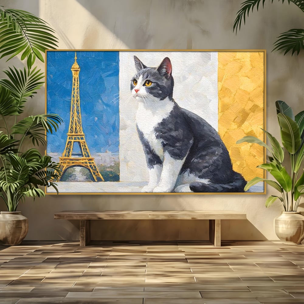 Tablou Canvas Premium, LuxCanva® M1219, Ecou Parizian, Panorama, Pictura, Pisica, Turnul Eiffel, Paris, Calatorie, Cadru, Urban, Rafinament, Decorativ, Birou, Living, Camera Copil