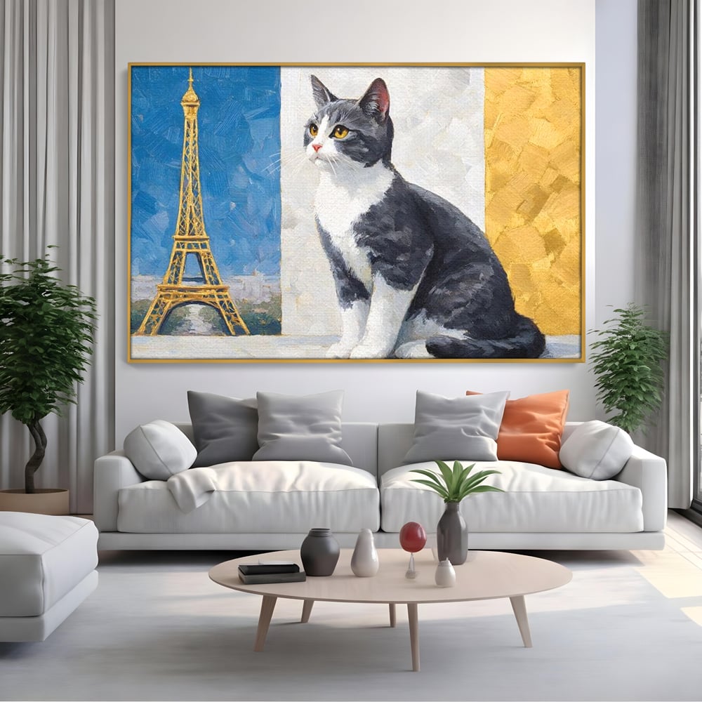 Tablou Canvas Premium, LuxCanva® M1219, Ecou Parizian, Panorama, Pictura, Pisica, Turnul Eiffel, Paris, Calatorie, Cadru, Urban, Rafinament, Decorativ, Birou, Living, Camera Copil