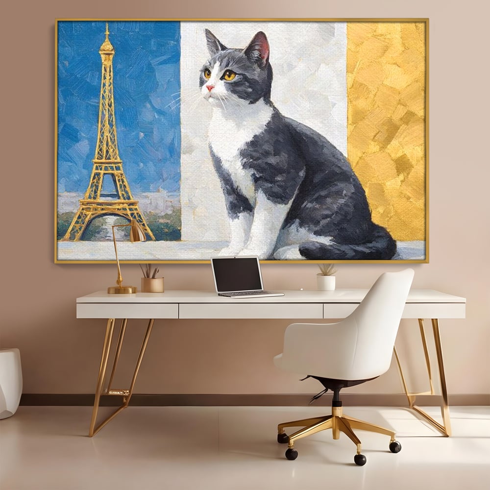 Tablou Canvas Premium, LuxCanva® M1219, Ecou Parizian, Panorama, Pictura, Pisica, Turnul Eiffel, Paris, Calatorie, Cadru, Urban, Rafinament, Decorativ, Birou, Living, Camera Copil