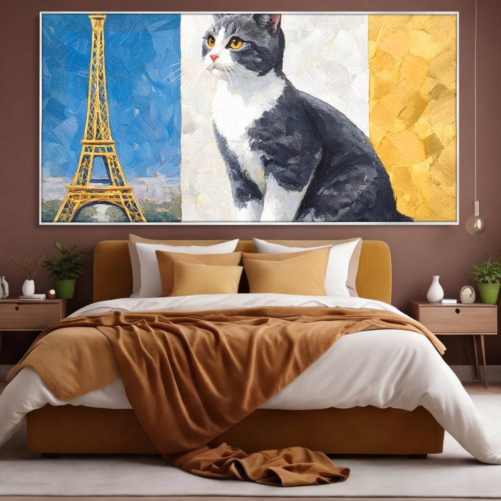 Tablou Canvas Premium, LuxCanva® M1219, Ecou Parizian, Panorama, Pictura, Pisica, Turnul Eiffel, Paris, Calatorie, Cadru, Urban, Rafinament, Decorativ, Birou, Living, Camera Copil